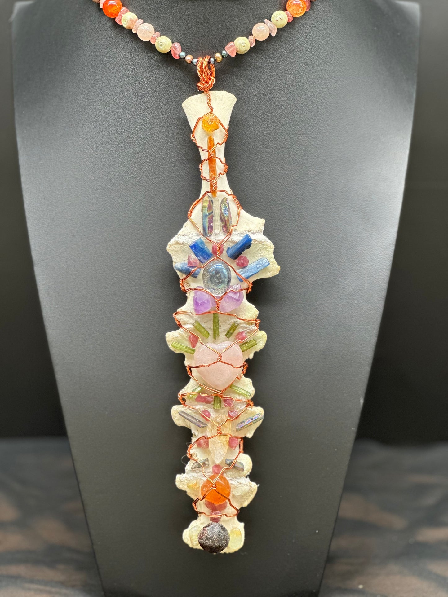 Seven Chakra Crystal Grid on Deer Sternum Necklace