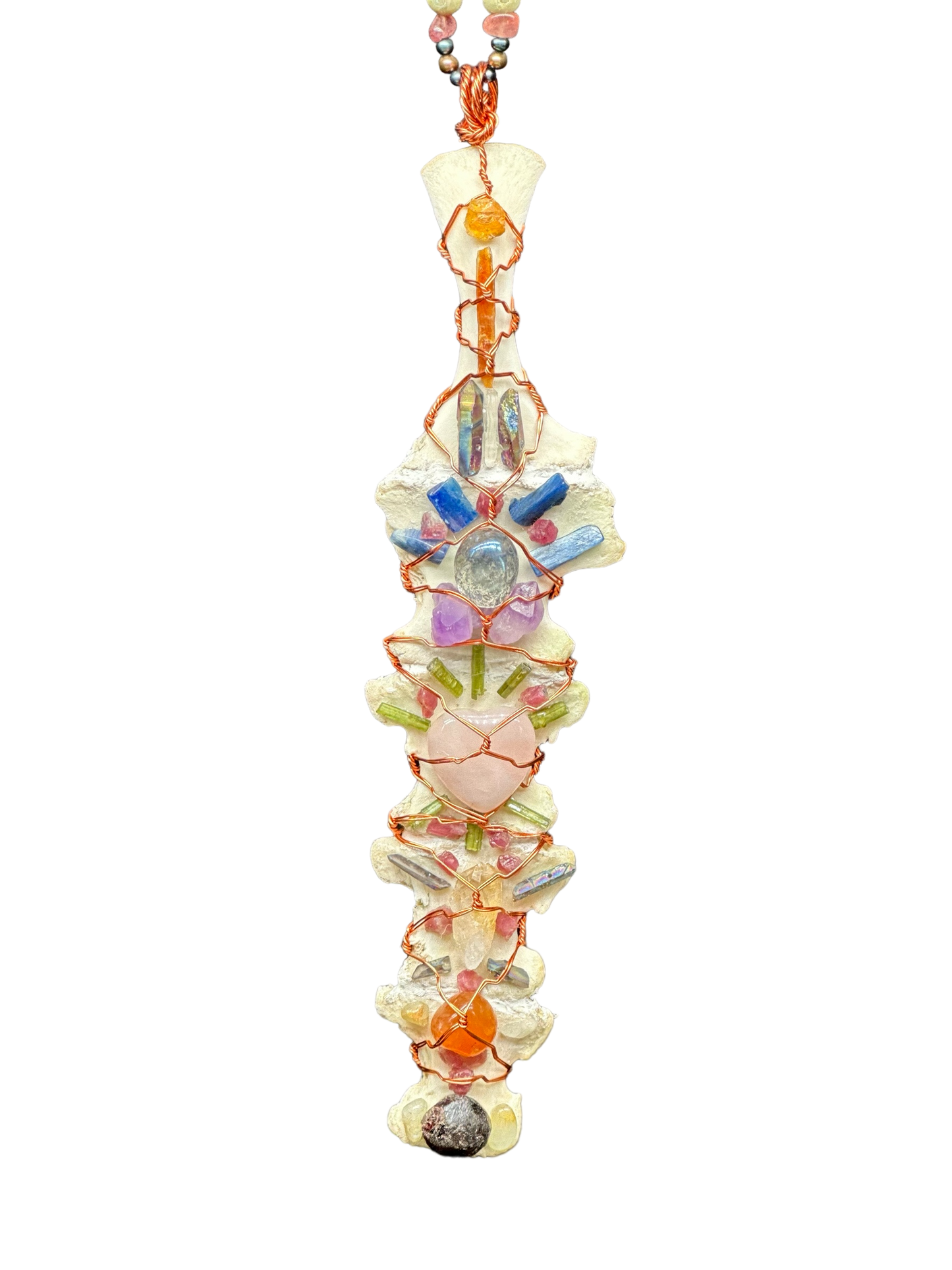 Seven Chakra Crystal Grid on Deer Sternum Necklace