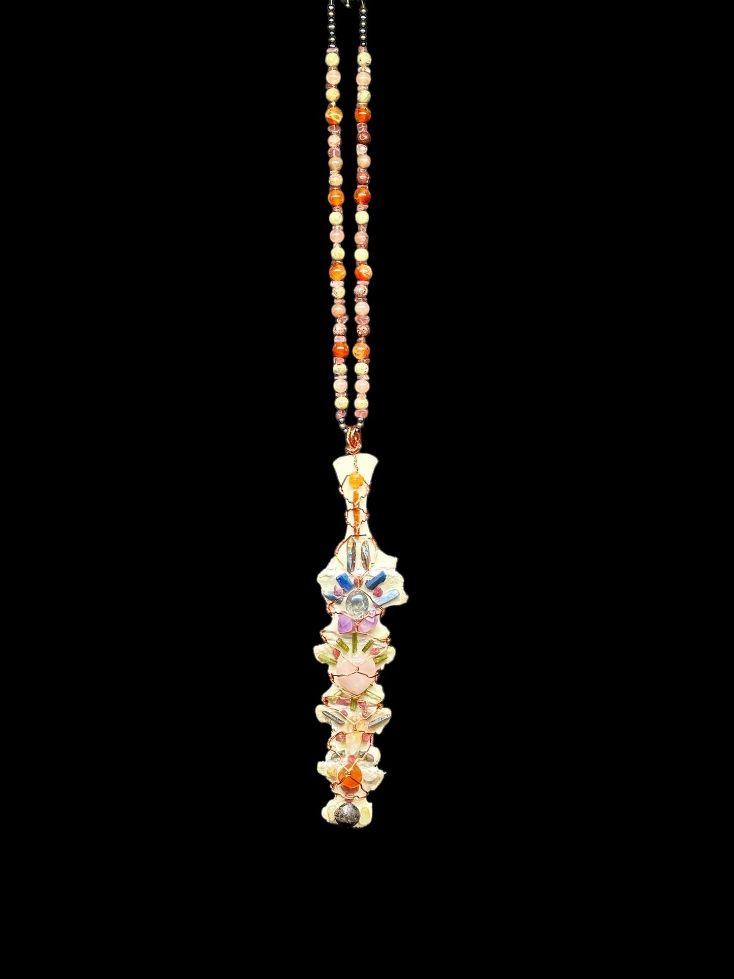 Seven Chakra Crystal Grid on Deer Sternum Necklace