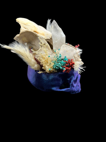 3D Printed Blue Skull with Real Skull & Quartz Crystal