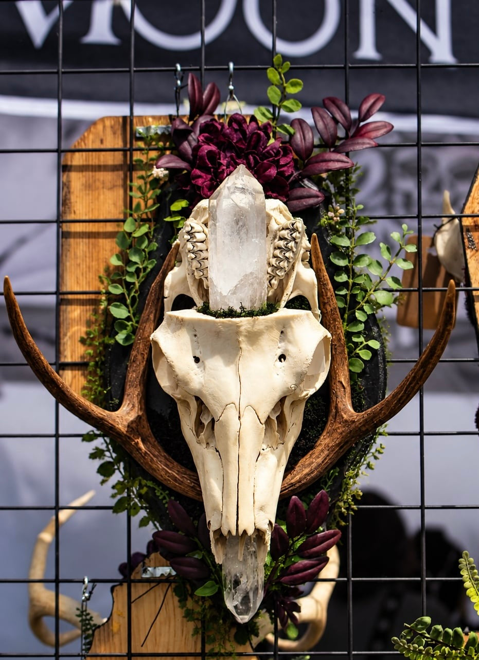 Deer Skull & Antlers with Quartz Crystals