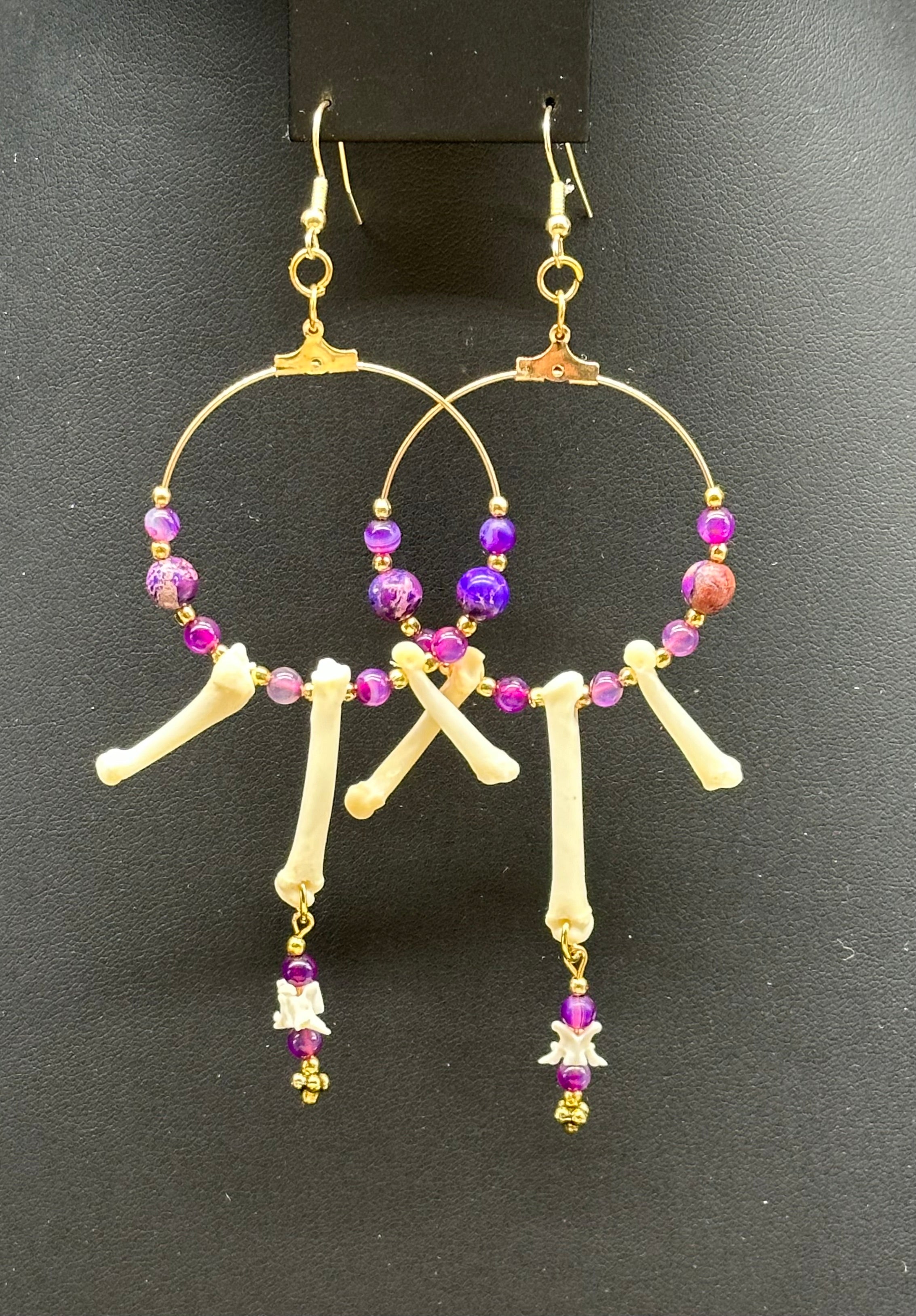 Purple Bead & Fox Bone Hoop Earrings