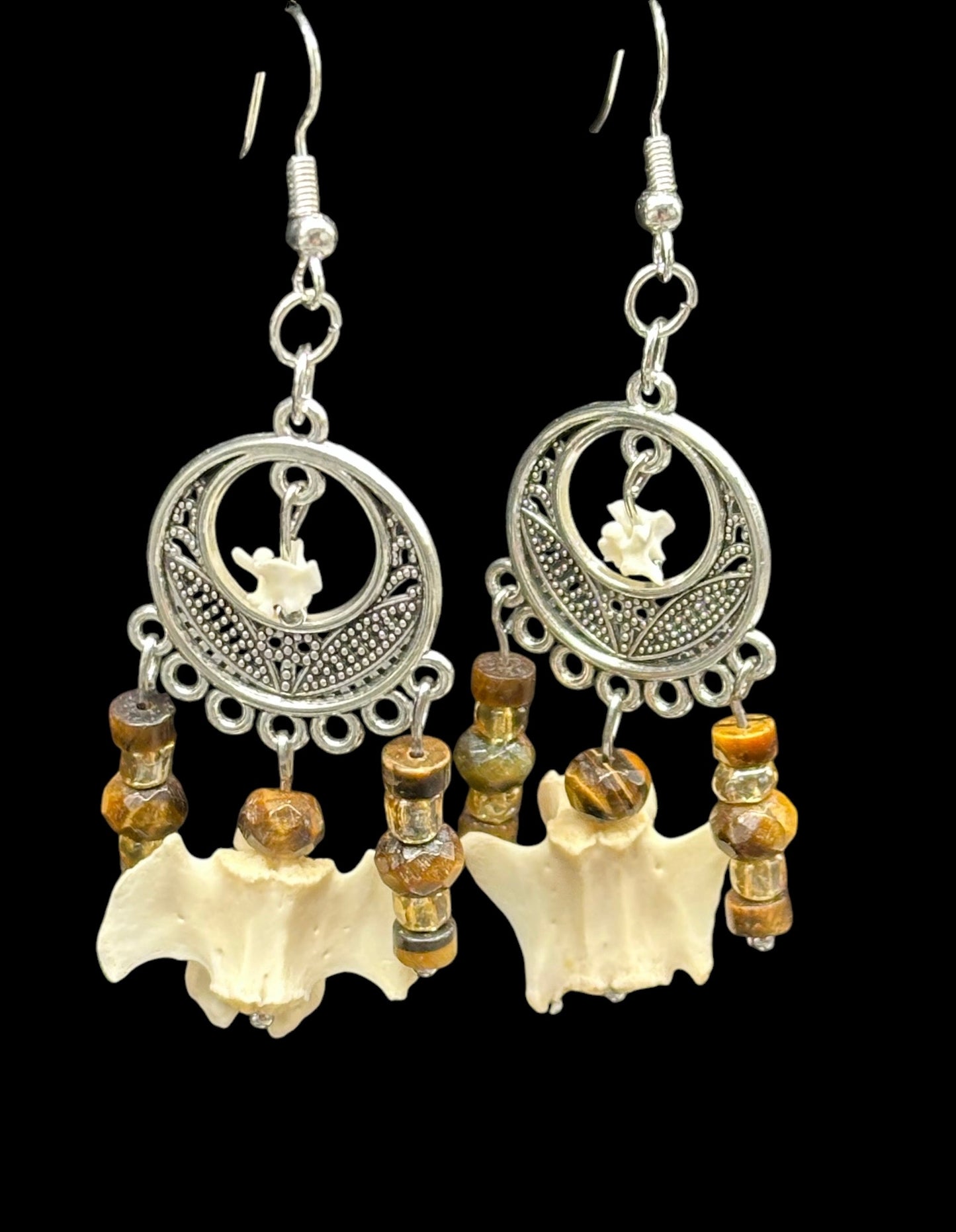 Opossum Vertebrae Filigree Earrings with Tiger's Eye