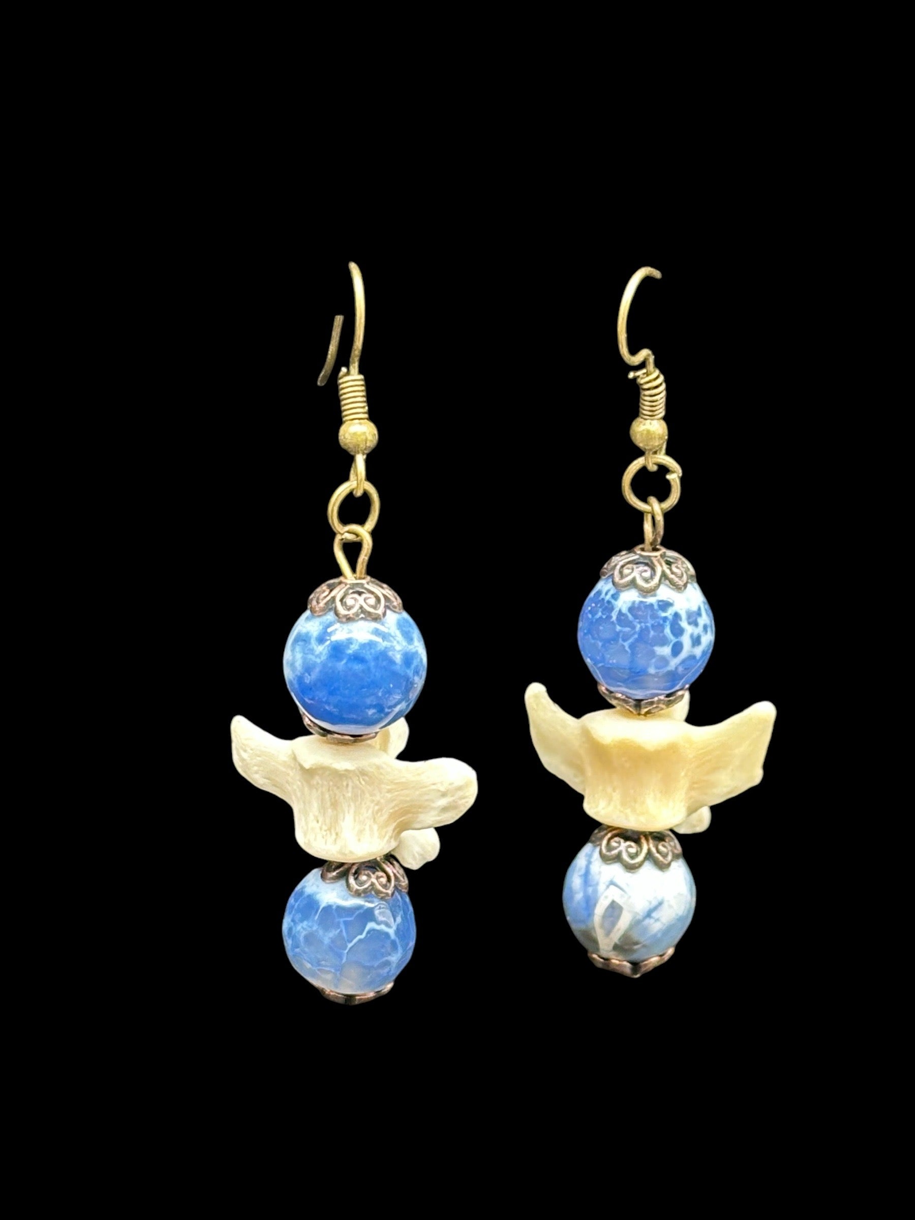 Raccoon Vertebrae & Blue Glass Earrings