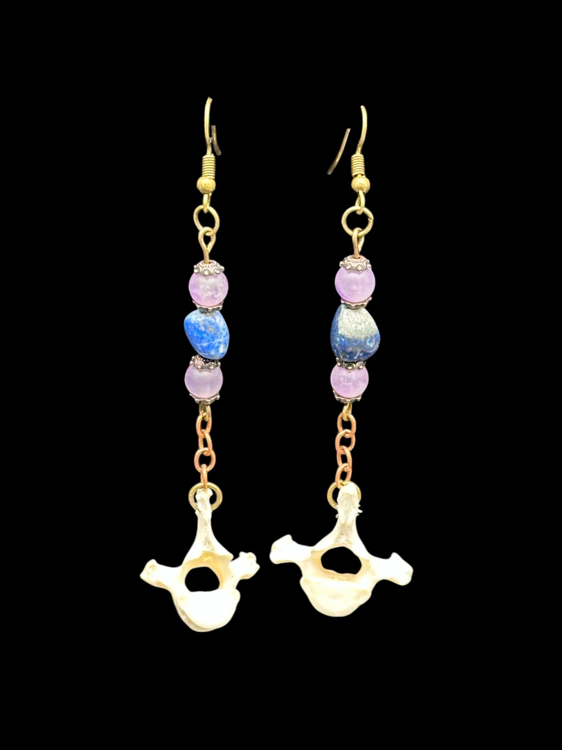 Raccoon Vertebrae and Lapis Stone Earrings