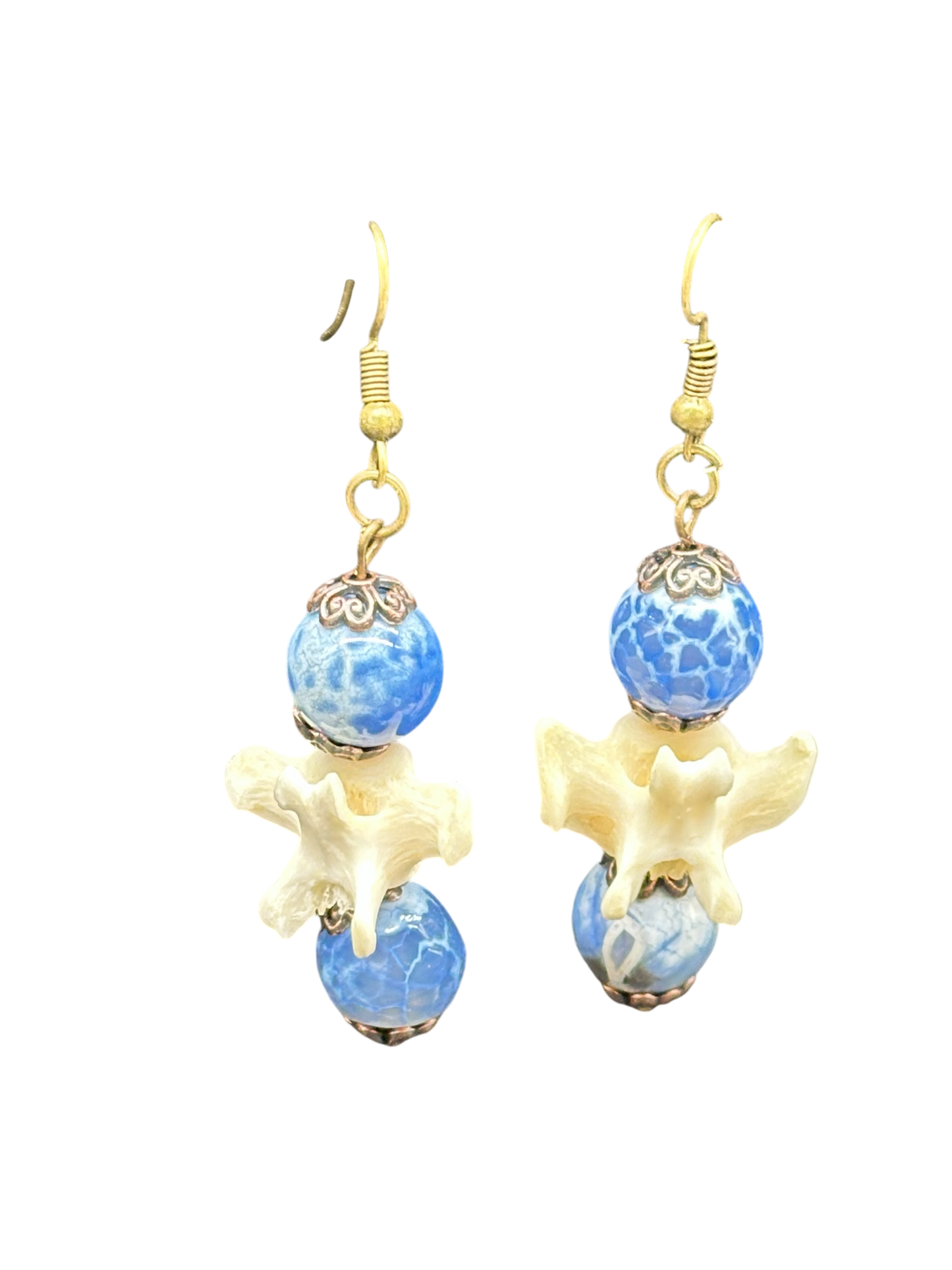 Raccoon Vertebrae & Blue Glass Earrings