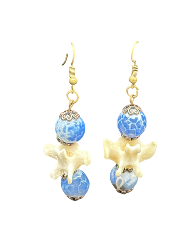 Raccoon Vertebrae & Blue Glass Earrings