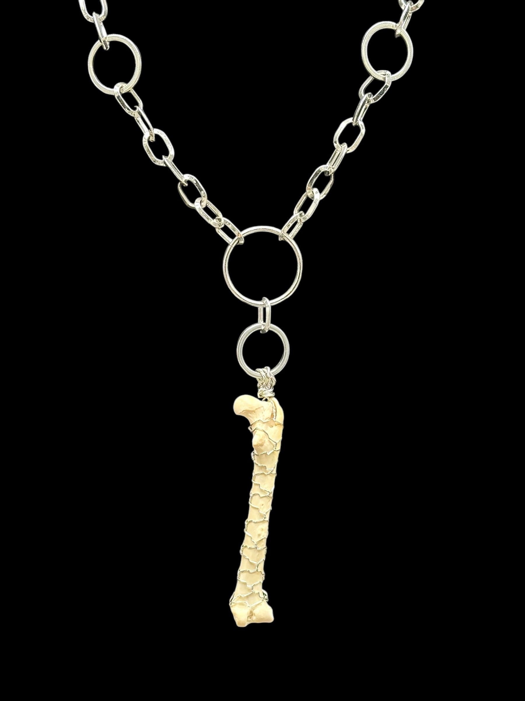 Opossum Femur Pendant Necklace Wire Wrapped (Silver)