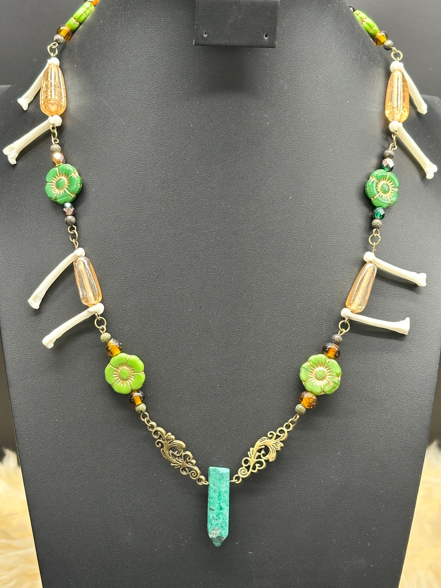 Raccoon Paw Bones & Green Crystal Necklace