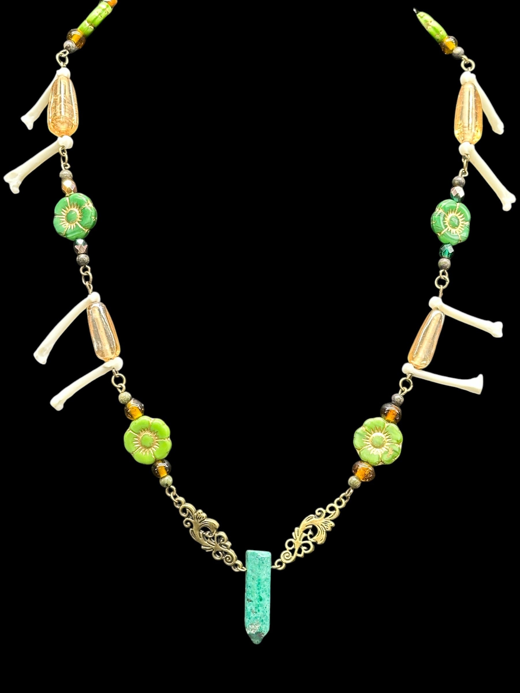 Raccoon Paw Bones & Green Crystal Necklace