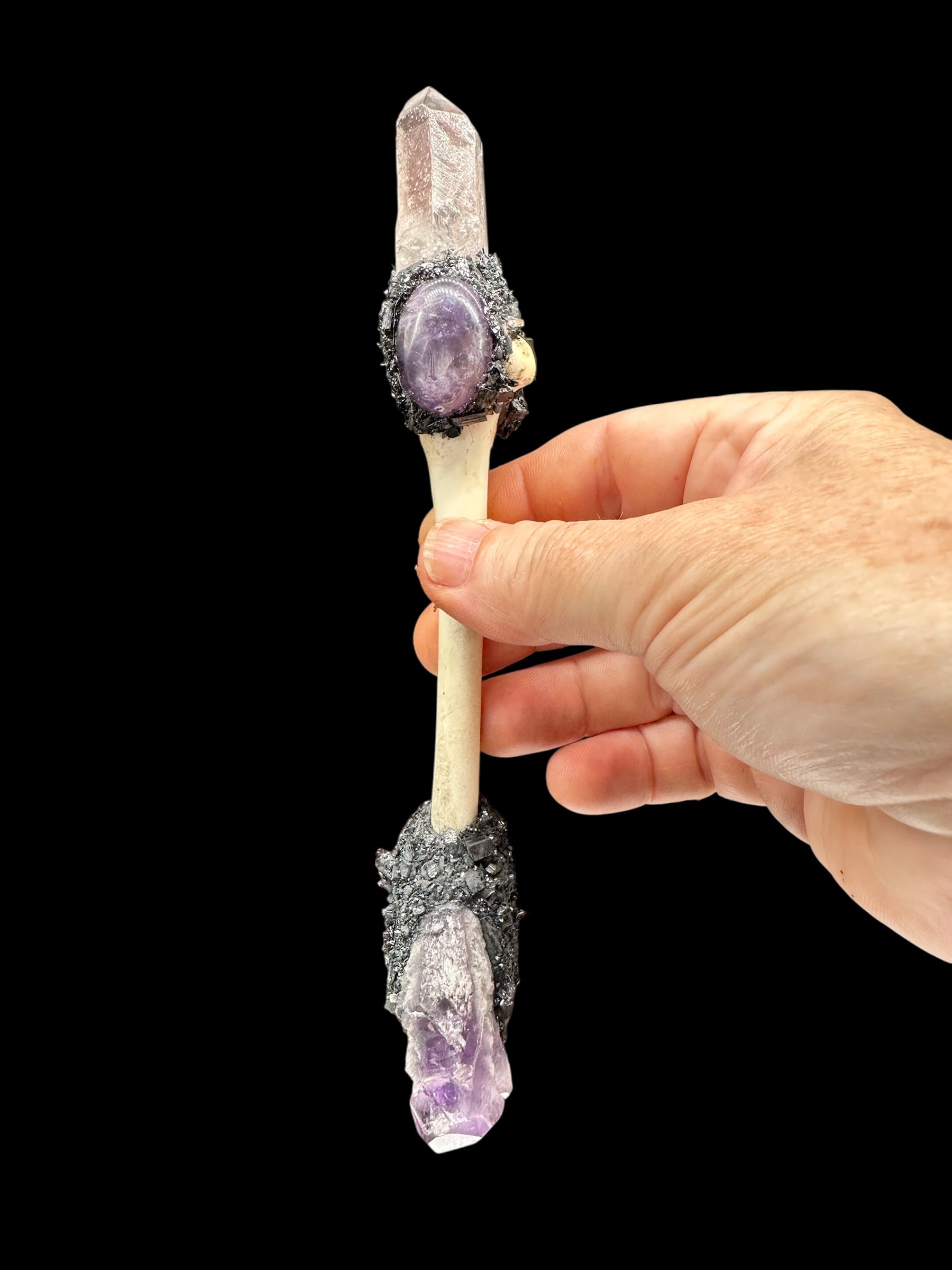 Fox Femur Wand with Amethyst & Quartz