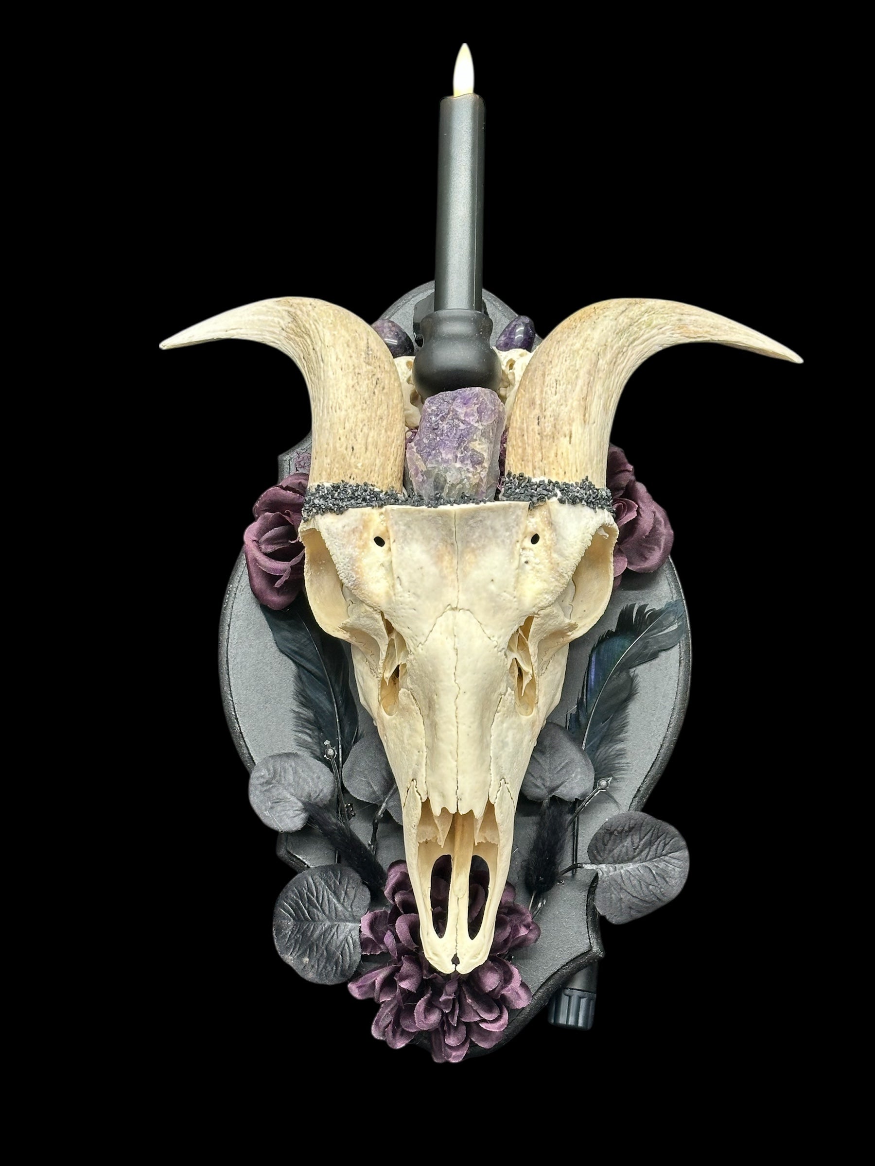 Deer Skull with Goat Horns & Amethyst Candle Holder