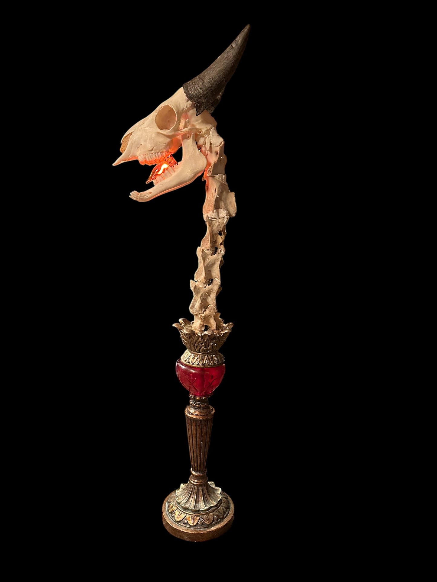 Red Glass Lamp with Goat Skull