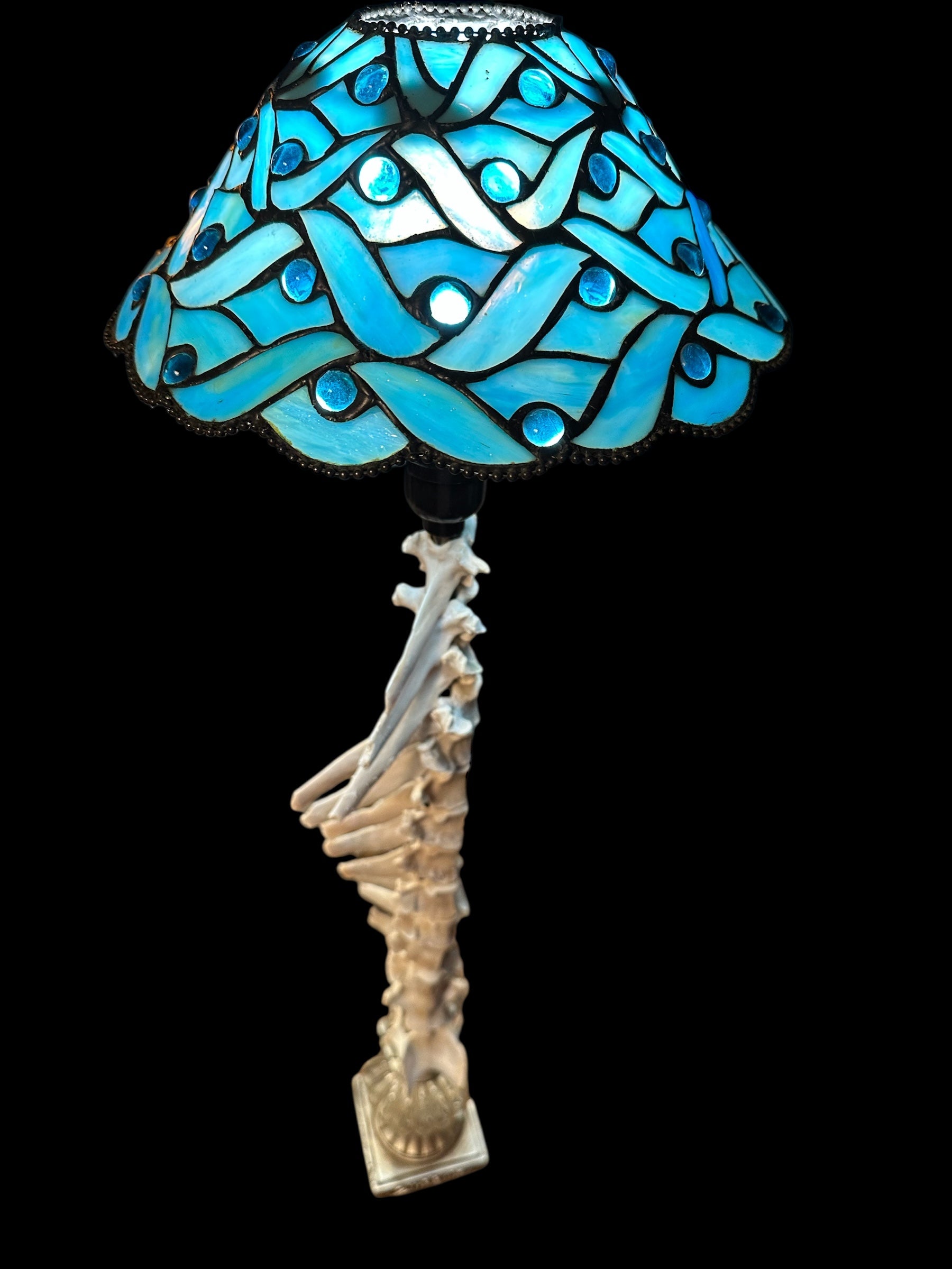 Deer Vertebrae Lamp with Ocean Blue Glass Lampshade
