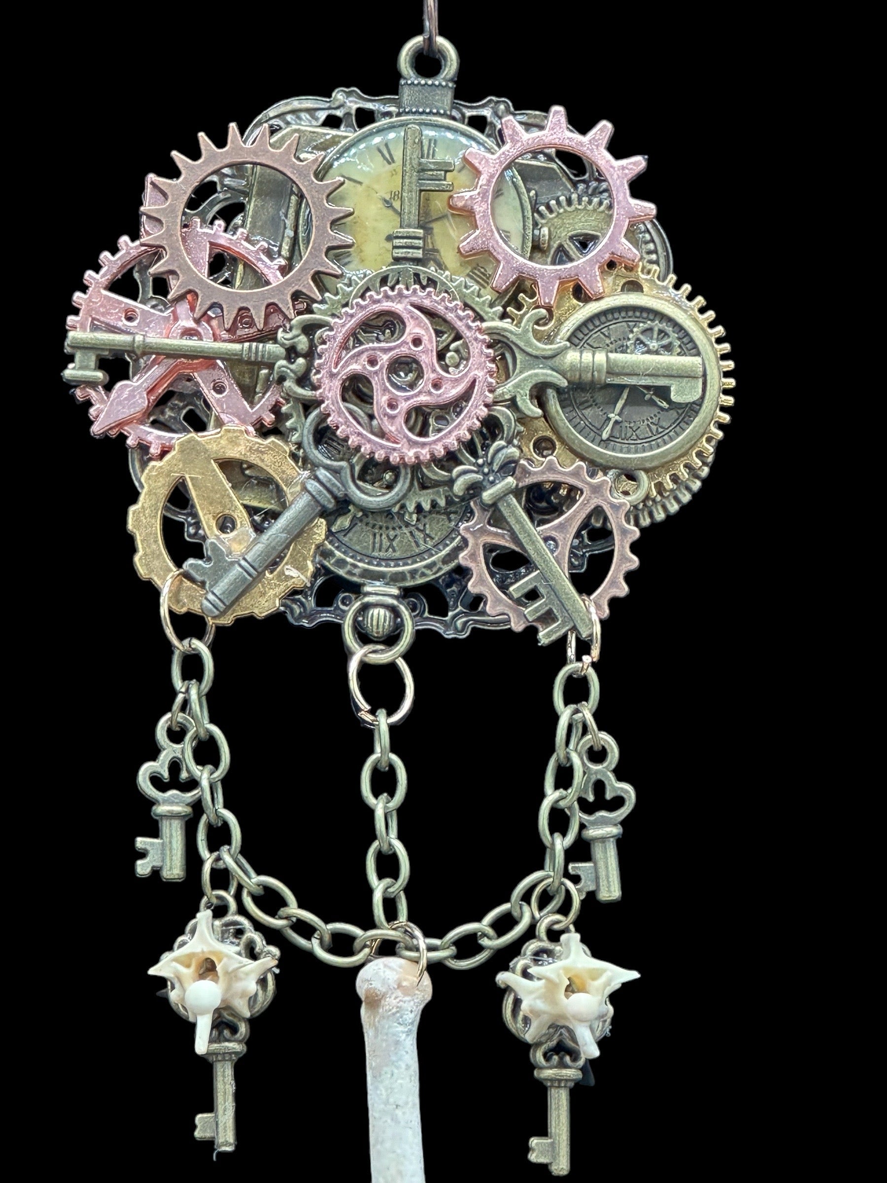 gear necklace Metal Gear Necklace with Keys and Animal Bones